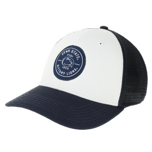 white and navy trucker hat with stitched Penn State Nittany Lions patch